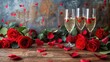A Valentine s Day backdrop featuring red roses hearts and champagne glasses arranged on a wooden surface offering space for text