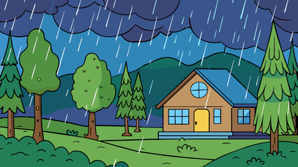 night rainy landscape with forest village house cartoon vector illustration