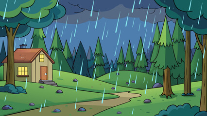 night rainy landscape with forest village house cartoon vector illustration