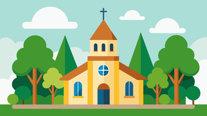 with church and green trees cartoon vector illustration