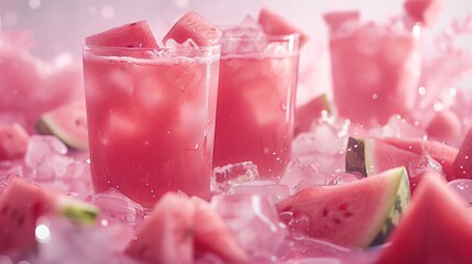 Wall Mural - In a close-up shot, glasses brim with freshly prepared watermelon juice or smoothie, accompanied by succulent watermelon pieces, all set against a soft pink background.