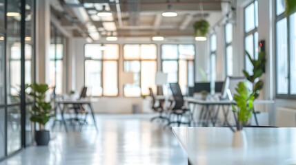 Wall Mural - The blurred focus of a white, open-space office interior serves as a versatile backdrop, allowing for a clean and minimalist aesthetic. This setting provides a sense of spaciousness