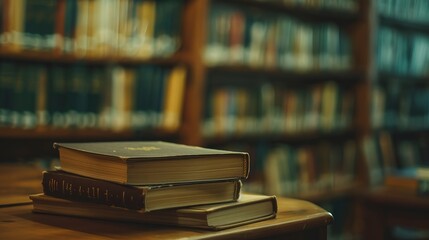 A stack of books rests on a wooden desk in a library room, creating a focal point against a backdrop of a blurred bookshelf