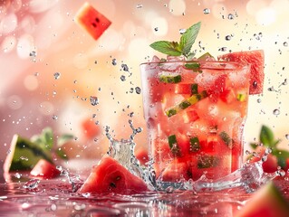 Wall Mural - In a captivating water action photo, the refreshing essence of iced tea infused with watermelon flavor comes to life.