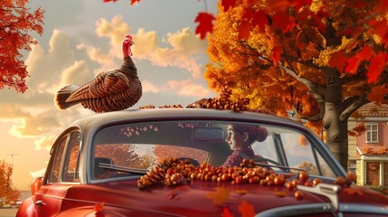 In a whimsical 3D rendering, a woman is depicted driving with a large turkey perched on the roof of her car. This playful scene captures the humor