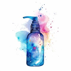 Poster - Watercolor bottle with liquid soap and paint splatters. Generative AI.