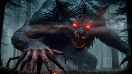 Wall Mural - monster with red glowing eyes in dark forest 4k loop features an a.i. generated video of a monster w