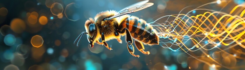 Illustrate a dynamic side view of a yellow-black striped bee in flight, intricate sound waves trailing behind Vibrant digital art style with a soft-focus background