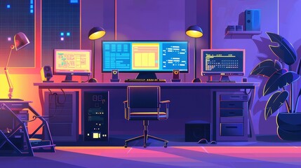 software development flat design front view coding theme cartoon drawing vivid