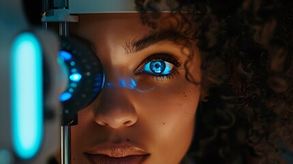 Wall Mural - futuristic gaze: woman with glowing blue eyes engages with high-tech interface. modern technology co
