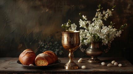 Wall Mural - A serene Easter scene captured in a still life a beautifully arranged chalice of wine and bread for Communion