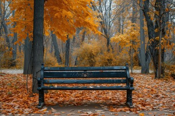 Sticker - Crisp Bench park in autumn time. Tree landscape. Generate Ai