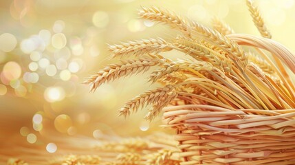 A bountiful basket overflows with ripe wheat, showcasing the rich golden hues of the grain and lush green stalks in a vibrant display of abundance. Generative AI