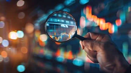 Wall Mural - Businessman holding magnifying glass for analysis with virtual stock market chart. Generated AI