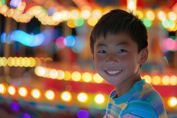 A smiling young boy in a casual striped shirt with colorful bokeh lights from a carnival in the background