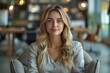 © Larisa AI - Serene photograph of a smiling blond woman with captivating blue eyes, wearing a casual blouse in a calm setting