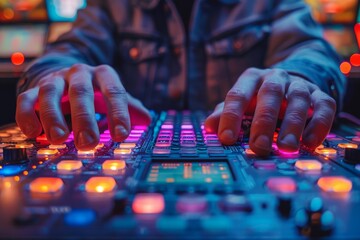 Wall Mural - DJ's hands skillfully manipulating a mixing console with glowing buttons and knobs