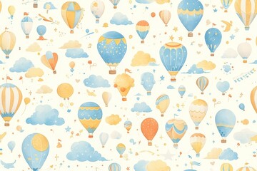 Wall Mural - A whimsical watercolor pattern of hot air balloons floating above a sky filled with clouds, creating an enchanting and dreamy atmosphere for the children