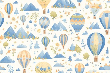 Wall Mural - A whimsical watercolor pattern of hot air balloons floating above clouds, with playful colors and a dreamy sky background