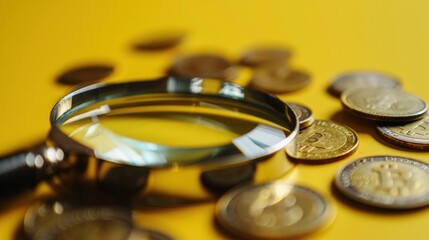 Wall Mural - Searching pile gold coins with a magnifying glass on yellow background. Generated AI image