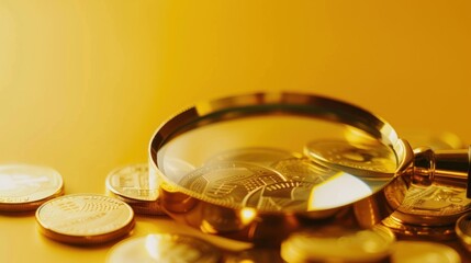 Wall Mural - Searching pile gold coins with a magnifying glass on yellow background. Generated AI image