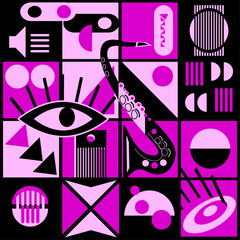 Pink fashion poster. abstract composition with various geometric shapes and saxophone. Flyer or sign graphic design