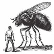 Man confronts giant insect. A post-apocalyptic futuristic world. Unreal scene. Black and white image. Illustration for varied design.