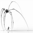The black-and-white drawing shows a scary giant spider from which a man is running away. The spider is large and menacing, while the man is small and vulnerable. The scene is tense and disturbing.