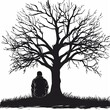 A sad and lonely man sits pensively under a tree. Man thinks about a problem. Time for reflection. Despair, depression or hopelessness concept. Black and white image. Illustration for varied design.