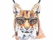 Portrait of a lynx wearing sunglasses. The animal is drawn in the style of children's watercolor drawing. Illustration for cover, card, postcard, interior design, decor or print.