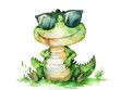 Portrait of a crocodile wearing sunglasses. The animal is drawn in the style of watercolor drawing. Illustration for cover, card, postcard, interior design, decor or print.