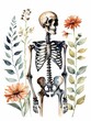Floral Skeleton Watercolor Painting Generative AI Illustration 