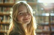 © ChaoticMind - A young girl with curly golden hair is smiling softly with a sunny library backdrop