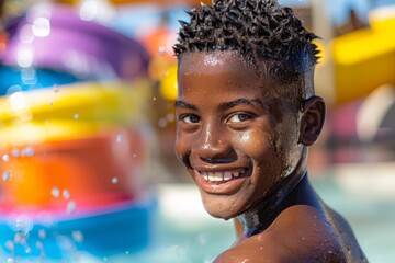 Wall Mural - Young boy with wet hair smiling in front of colorful waterpark slides and splashing water