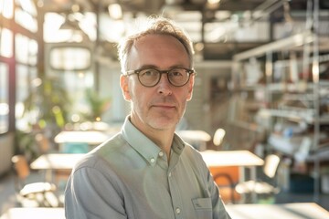 Thoughtful man in office casual attire stands in a creative loft workspace with morning light