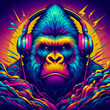 Digital art vibrant colorful cool gorilla wearing headphones vibin to music