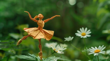 ballerina in origami style dances in a green summer forest on a daisy flower