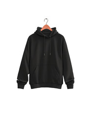 black hoodie hanging on a brown wooden hanger. PNG file with transparent background. ai generated illustrations.