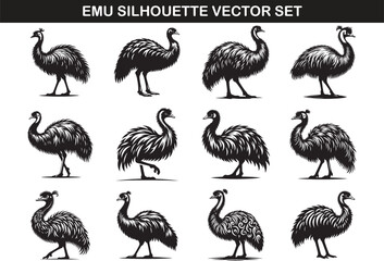 Sticker - Emu Bird Silhouette Vector Illustration Set