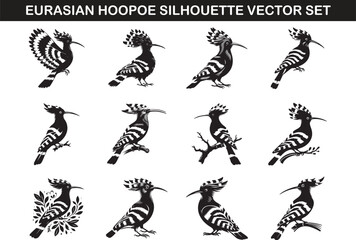 Sticker - Eurasian Hoopoe Bird Silhouette Vector Illustration Set