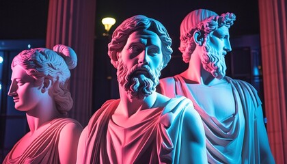 contemporary art featuring neon lit sculptures of greek philosophical figures bridging ancient wisdom and modern design