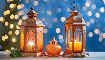 Wall Mural - ramadan lighted lantern orange color with bokeh blue color theme copy space ai image generative