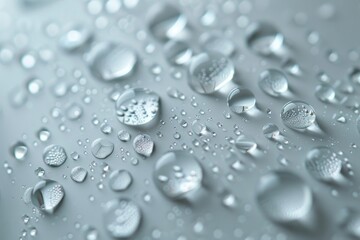 Wall Mural - This macro photography captures pristine water droplets scattered on a smooth grey surface, conveying purity and serenity