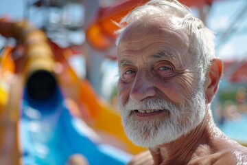 Wall Mural - An elderly man having a joyful time on a water slide in a sunny amusement park