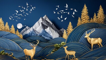 Wall Mural - dark blue mural wallpaper from the contemporary era christmas tree mountain deer birds and waves of gold on a dark blue backdrop depicting a jungle or forest generative ai