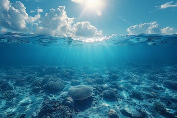Wall Mural - Sunbeams penetrate clear blue ocean water illuminating coral reef underneath, with a split view above and underwater