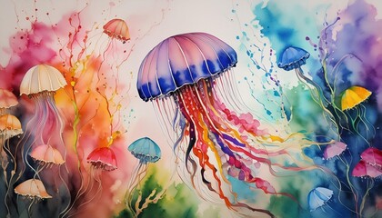 Sticker - a watercolor painting of a vibrantly colored jellyfish on a diverse background adorned with splattered paint