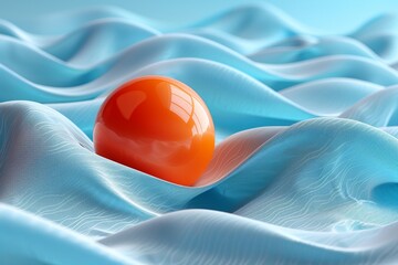 Wall Mural - photorealistic 3d render of a vibrant orange sphere resting on flowing blue silk fabric showcasing c