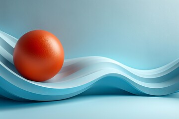 Wall Mural - an elegant 3d render depicting a simple orange sphere on a wavy blue and white background representi