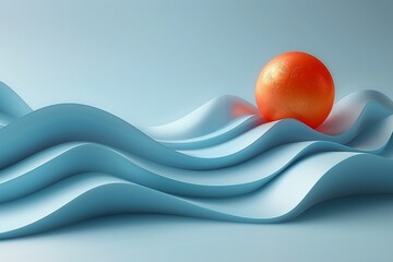 Wall Mural - vibrant orange sphere against a soft blue wavy background in a 3d illustration symbolizing balance a